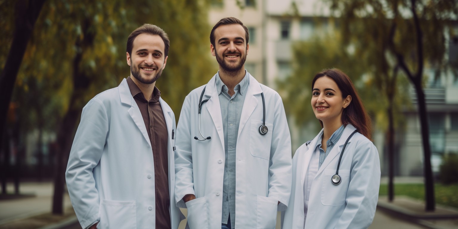 Two male and one female Turkish doctors stand outside and smile
