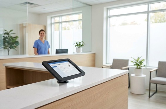 Modern reception area with digital check-in tablet