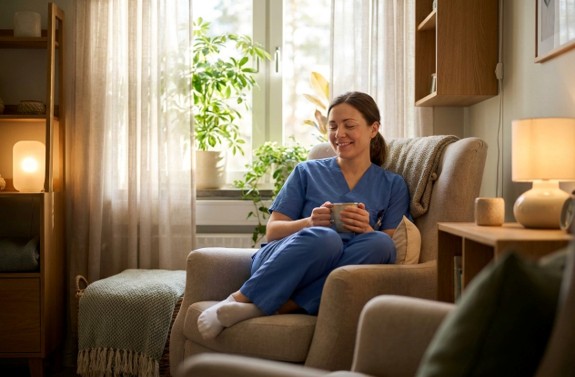 Smiling woman in scrubs relaxing with a mug in cozy room