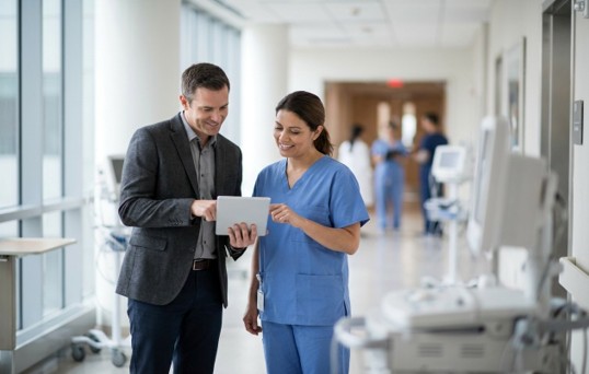 Doctor and professional collaborating in hospital corridor

