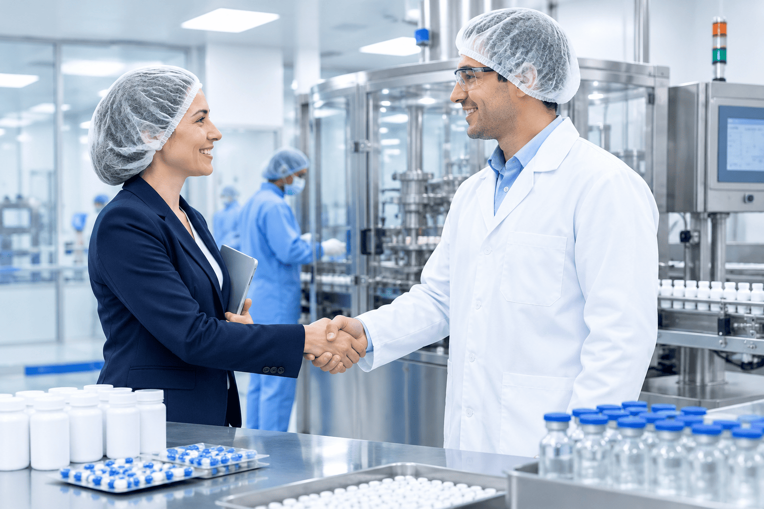 Pharmaceutical manufacturing partner collaborating in a clean and modern medicine production facility.